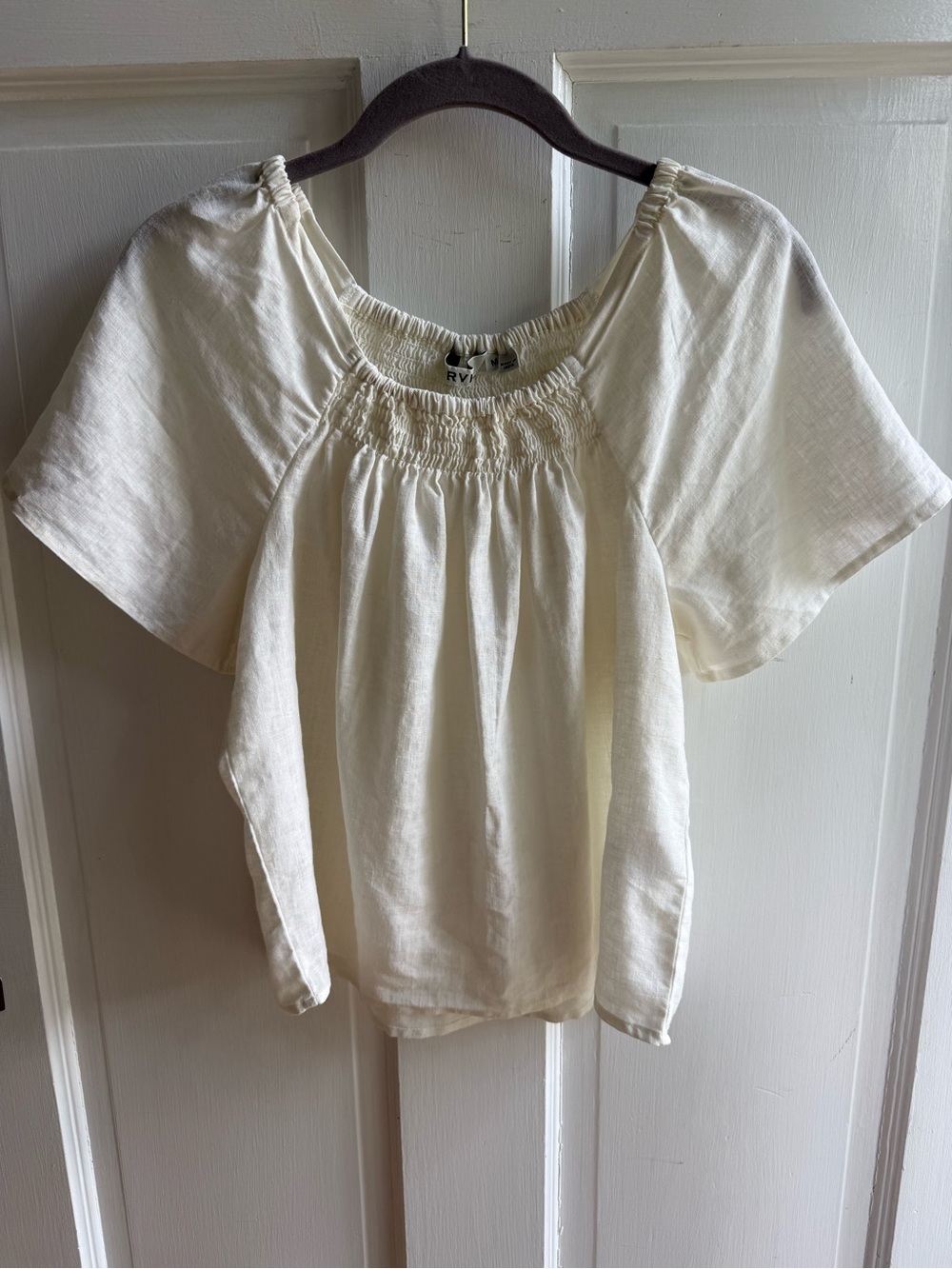 Smocked Neck Peasant Linen Cream Women’s Top